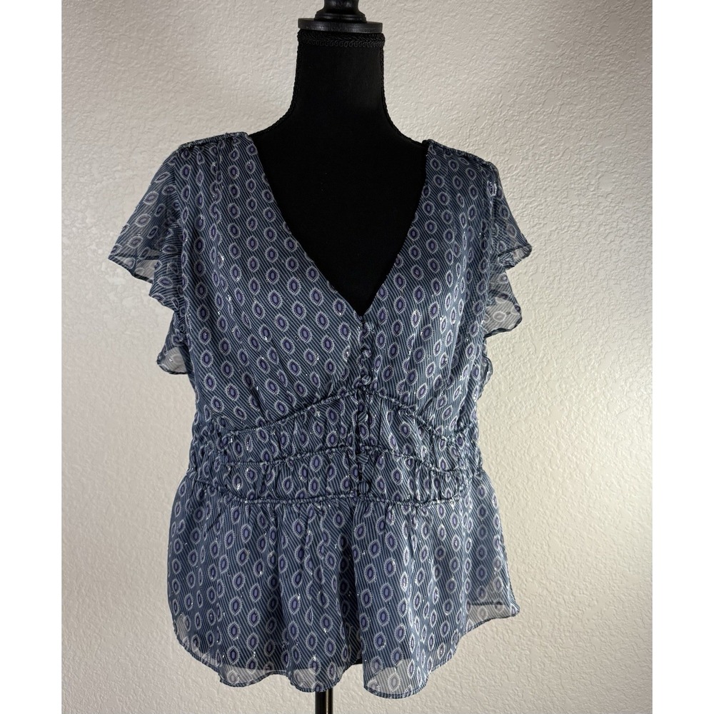 White House Black Market Blue/Purple Patterned Pre‎ Owned Blouse Size Large